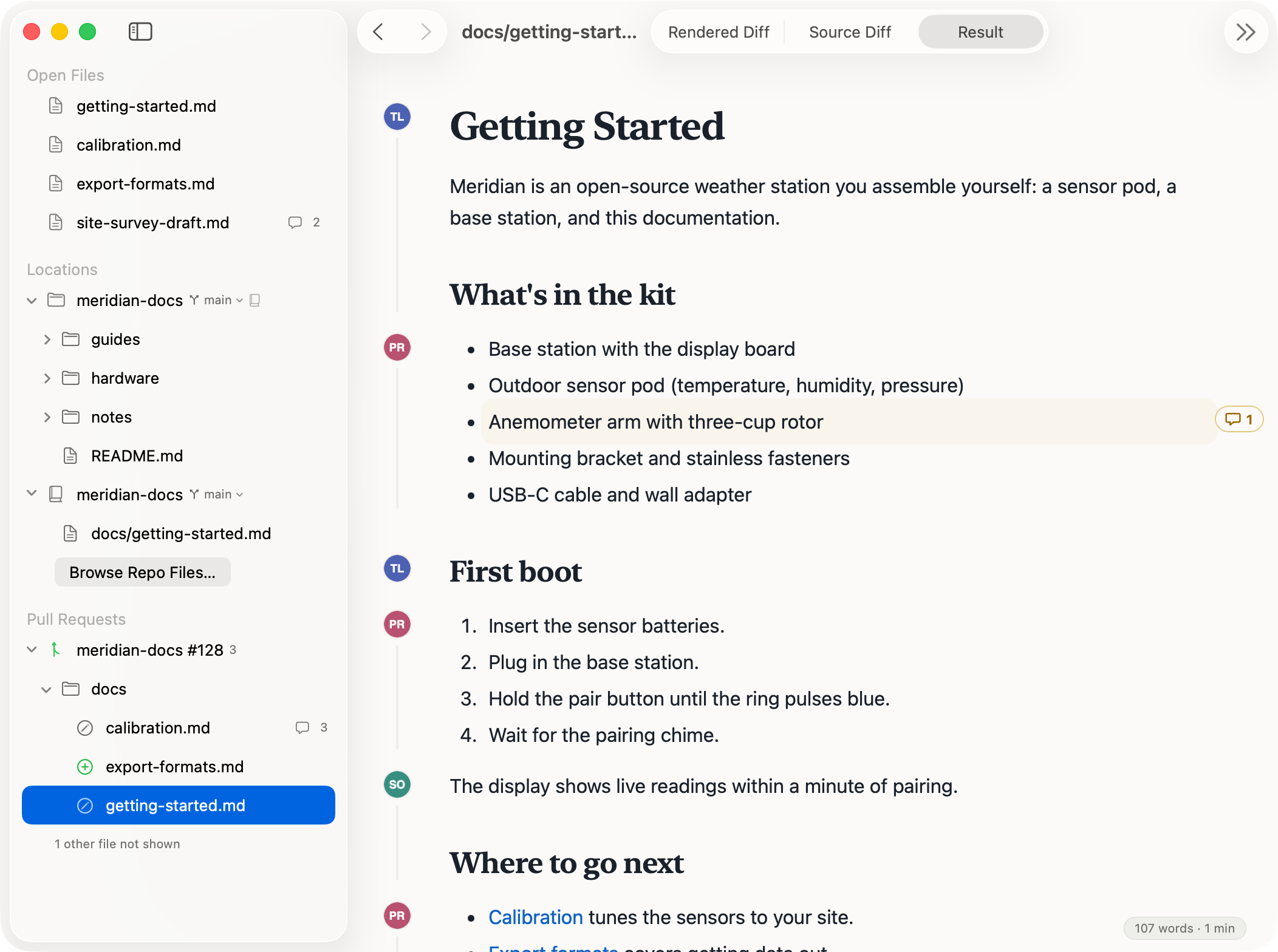 PullMark rendering a project's documentation as a formatted page, with the blame gutter on: author avatars sit in the left margin, one per run of blocks last touched by the same commit