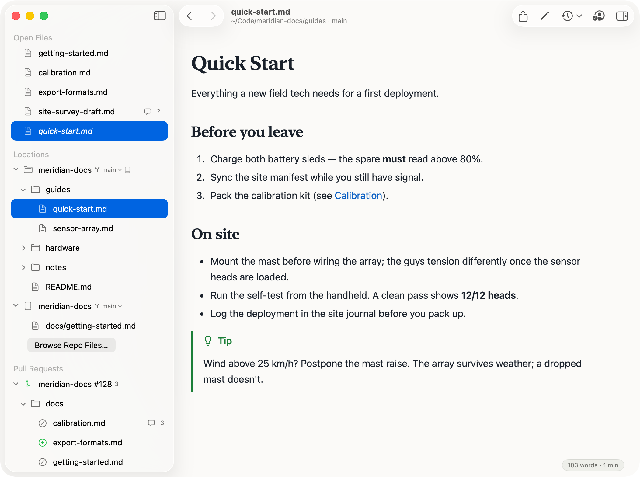 PullMark rendering a local Markdown file from a docs repo: the sidebar's Open Files section lists three kept documents and one italicized preview entry; the Locations section shows the folder as a tree of subfolders and Markdown files, wearing a git branch chip and a GitHub repo mark; an open pull request's changed files form a tree with status icons and a comment-count badge; the rendered document shows headings, lists, a link, and a Tip alert; the titlebar shows the file's folder and git branch, with a word-count pill in the corner