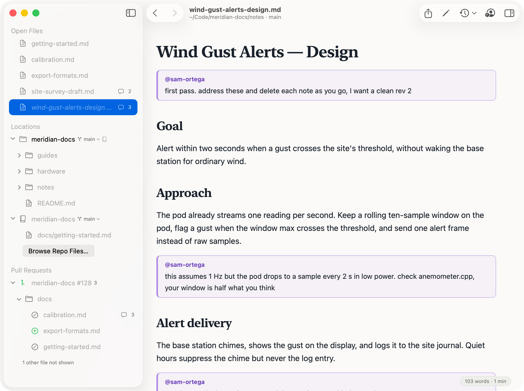 PullMark rendering an agent-written design spec titled Wind Gust Alerts with three margin notes shown as signed cards from the reviewer — a file-level note asking for a clean second revision, one challenging the spec's sampling-rate assumption, and one calling YAGNI on a feature — while the sidebar shows the spec in a docs/superpowers/specs folder of a git repository on branch main