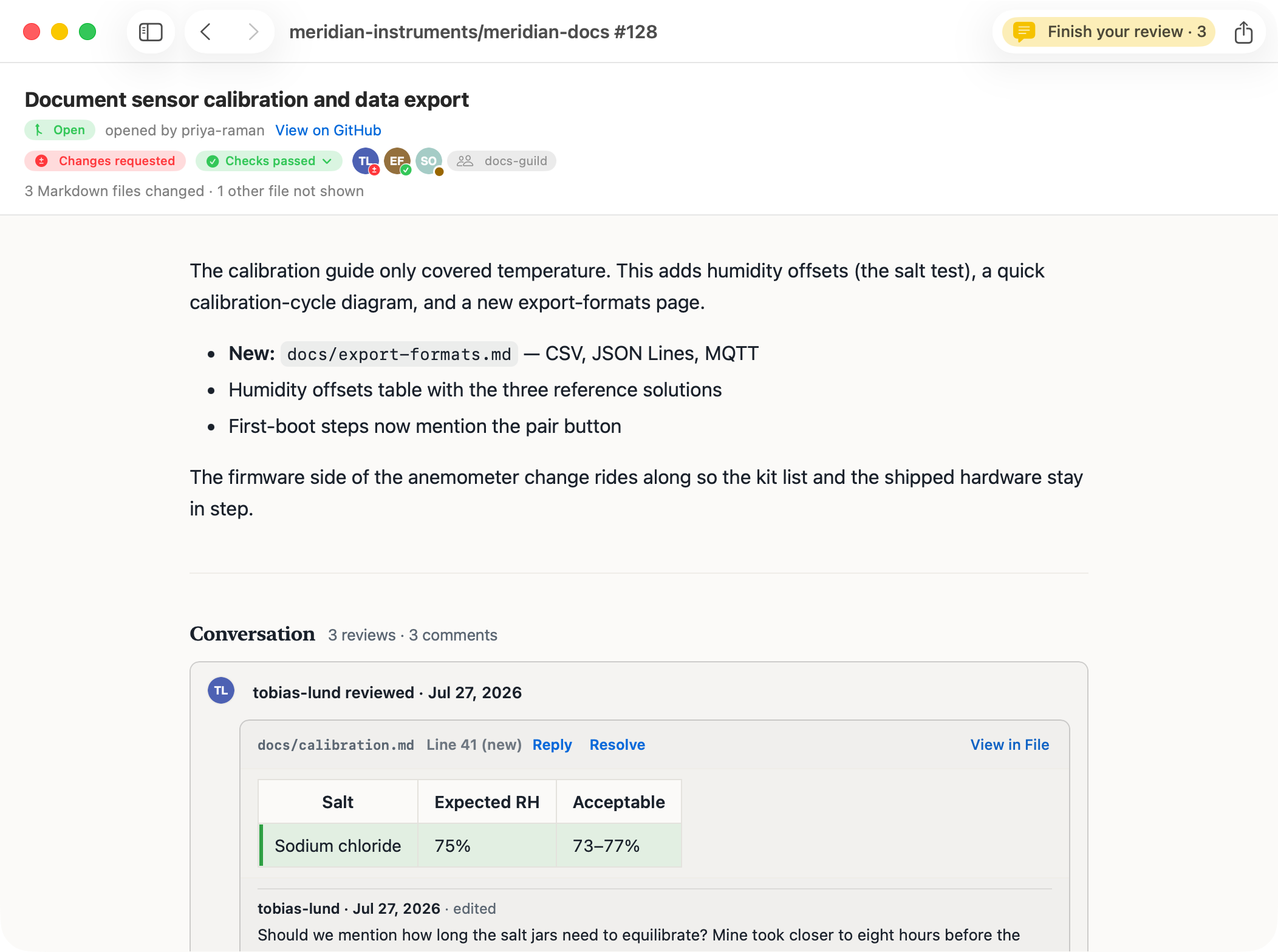 PullMark's pull-request overview: the PR title with an Open chip, a Changes requested capsule, a Checks passed capsule, reviewer avatars wearing verdict badges, a docs-guild team chip, the PR description rendered, and the conversation timeline whose first review comment shows a rendered table