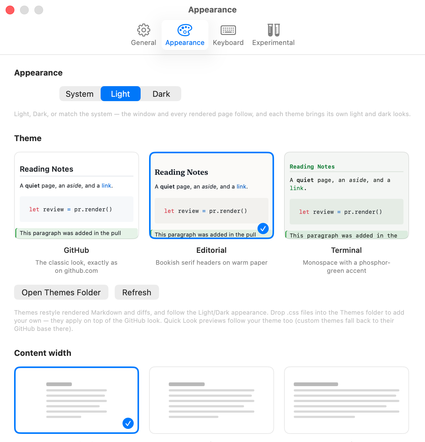 PullMark's Settings window on the Appearance tab: three live theme preview cards — GitHub, Editorial, and Terminal — each rendering the same sample document through the real pipeline, with Editorial selected, above buttons for opening the custom Themes folder