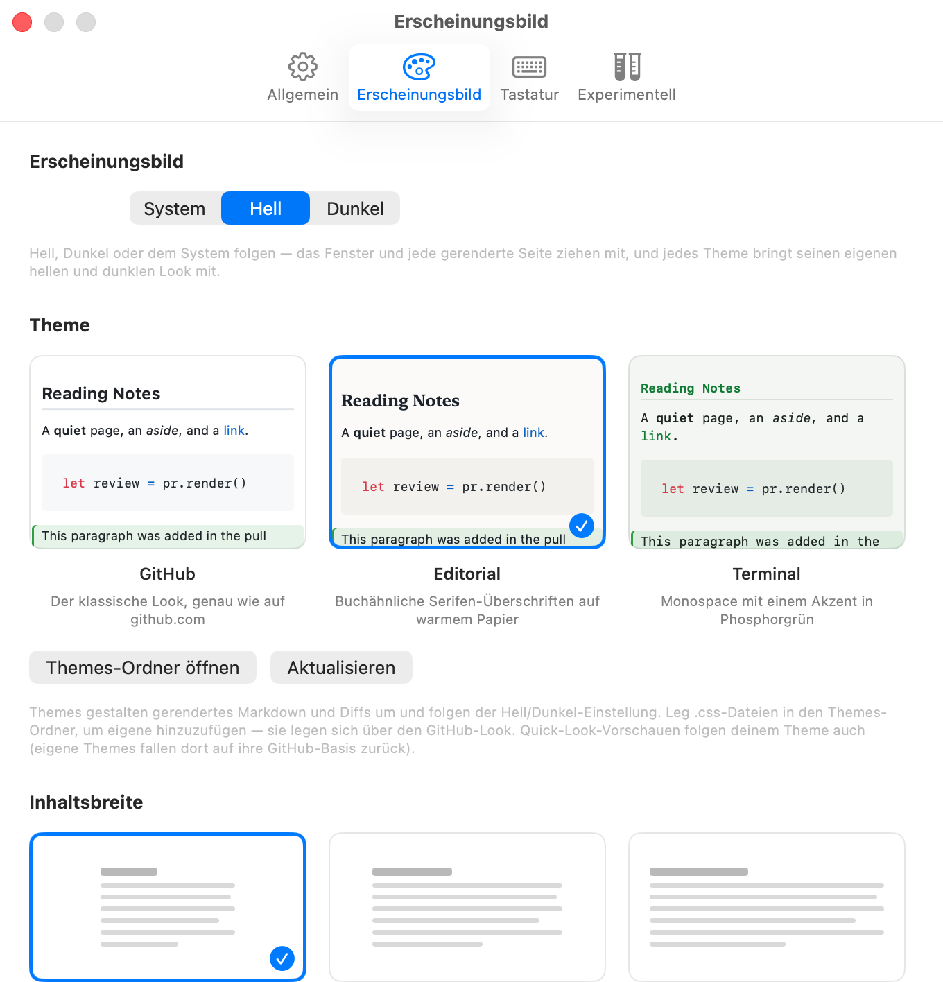 PullMarks Einstellungsfenster auf dem Tab „Erscheinungsbild“: drei Live-Theme-Vorschaukarten — GitHub, Editorial und Terminal — rendern jeweils dasselbe Beispieldokument durch die echte Pipeline, Editorial ist ausgewählt, darunter Buttons zum Öffnen des eigenen Themes-Ordners