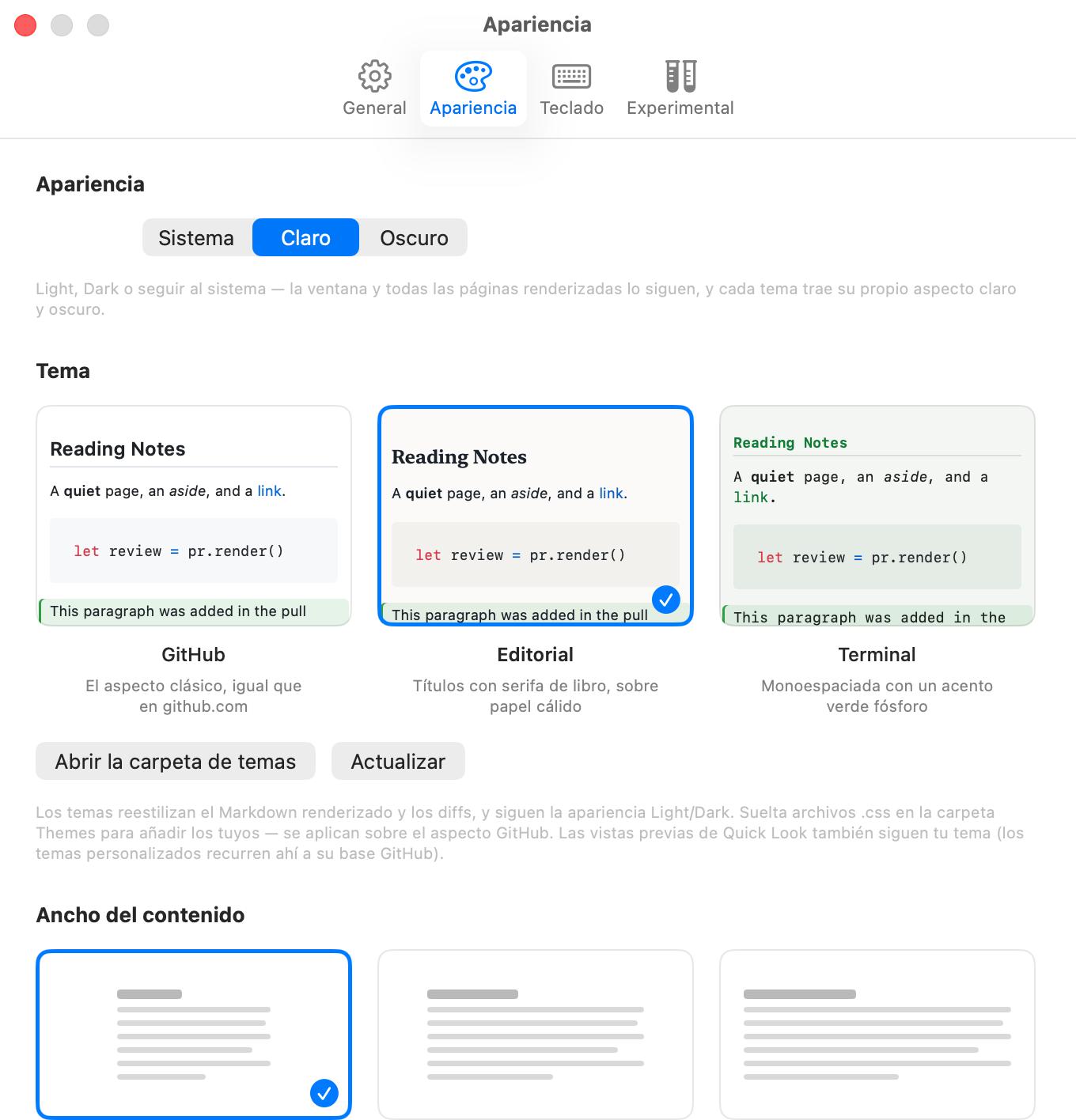 La ventana de Ajustes de PullMark en la pestaña Apariencia: tres tarjetas de vista previa de tema en vivo — GitHub, Editorial y Terminal — cada una renderizando el mismo documento de muestra con el pipeline real, con Editorial seleccionado, sobre botones para abrir la carpeta de temas personalizados