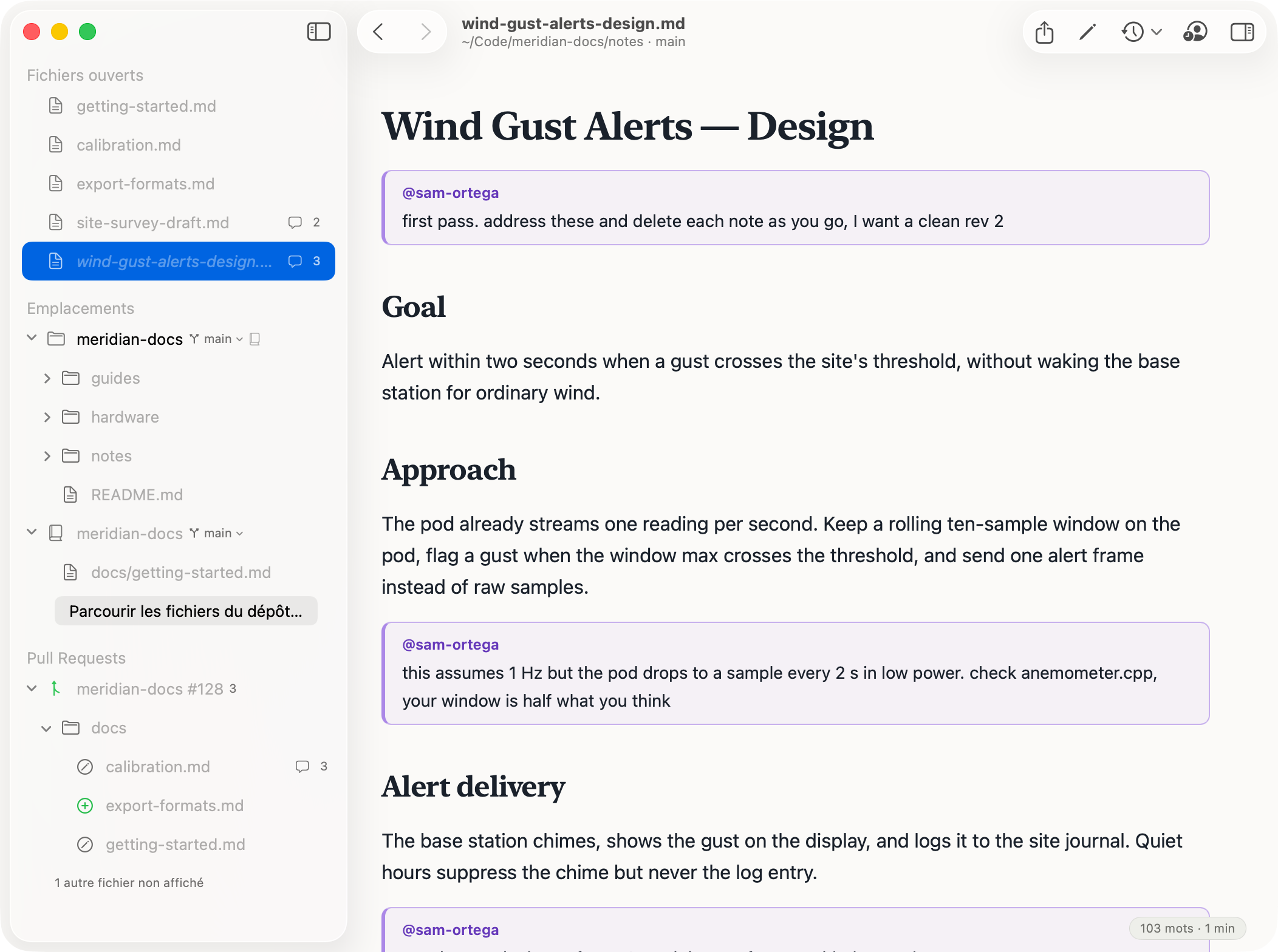PullMark affichant une spec de conception écrite par un agent, intitulée Wind Gust Alerts, avec trois notes de marge présentées comme des cartes signées du relecteur — une note au niveau du fichier demandant une seconde version propre, une contestant l'hypothèse de fréquence d'échantillonnage de la spec, et une invoquant YAGNI sur une fonctionnalité — tandis que la barre latérale montre la spec dans un dossier docs/superpowers/specs d'un dépôt git sur la branche main