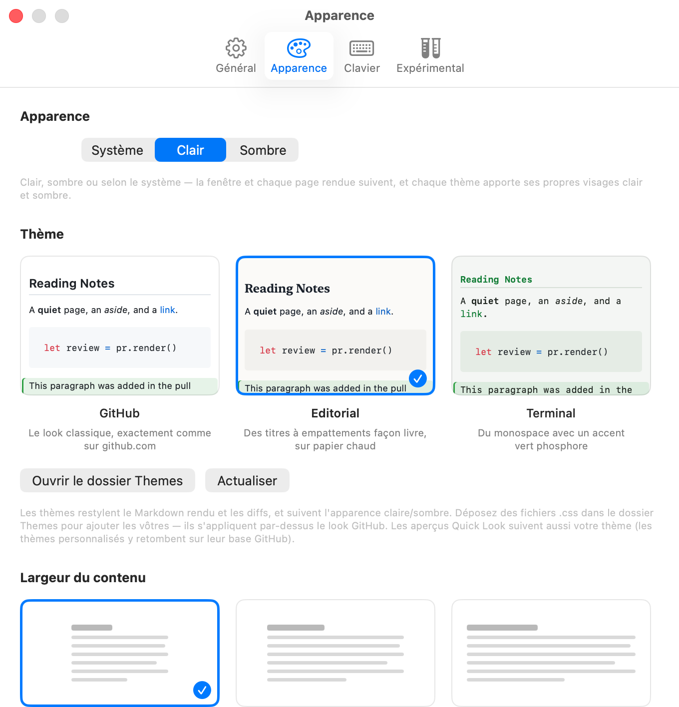La fenêtre Réglages de PullMark sur l'onglet Apparence&nbsp;: trois cartes d'aperçu de thème en direct — GitHub, Editorial et Terminal — chacune rendant le même document d'exemple via le vrai pipeline, Editorial sélectionné, au-dessus de boutons ouvrant le dossier de thèmes personnalisés